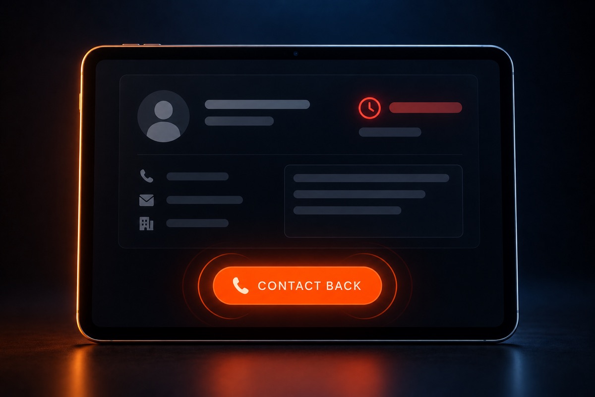 A tablet CRM showing an overdue contact with a CONTACT BACK action.