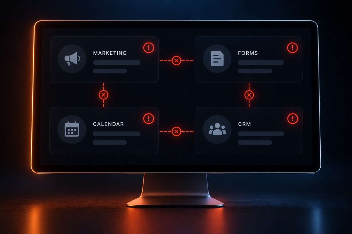 A desktop dashboard showing disconnected Marketing, Forms, Calendar, and CRM modules.