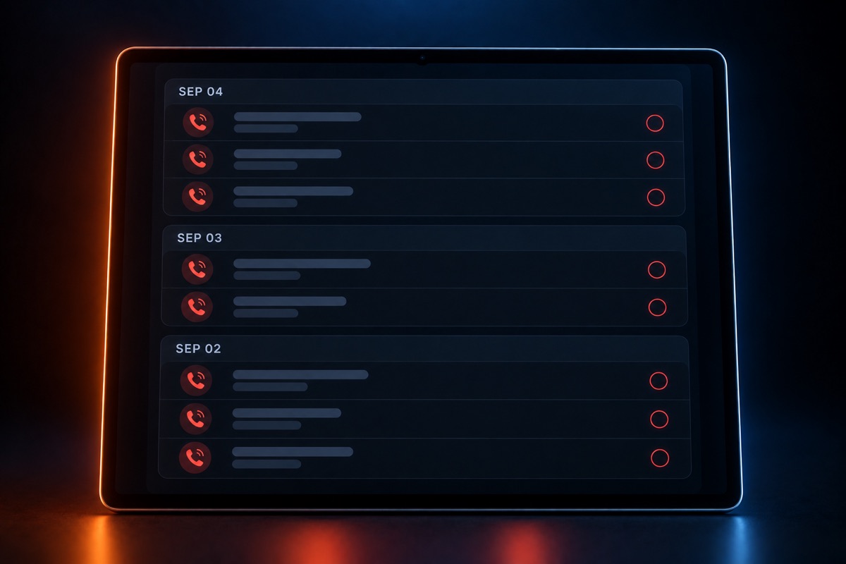 A tablet showing missed calls accumulated across several dates.