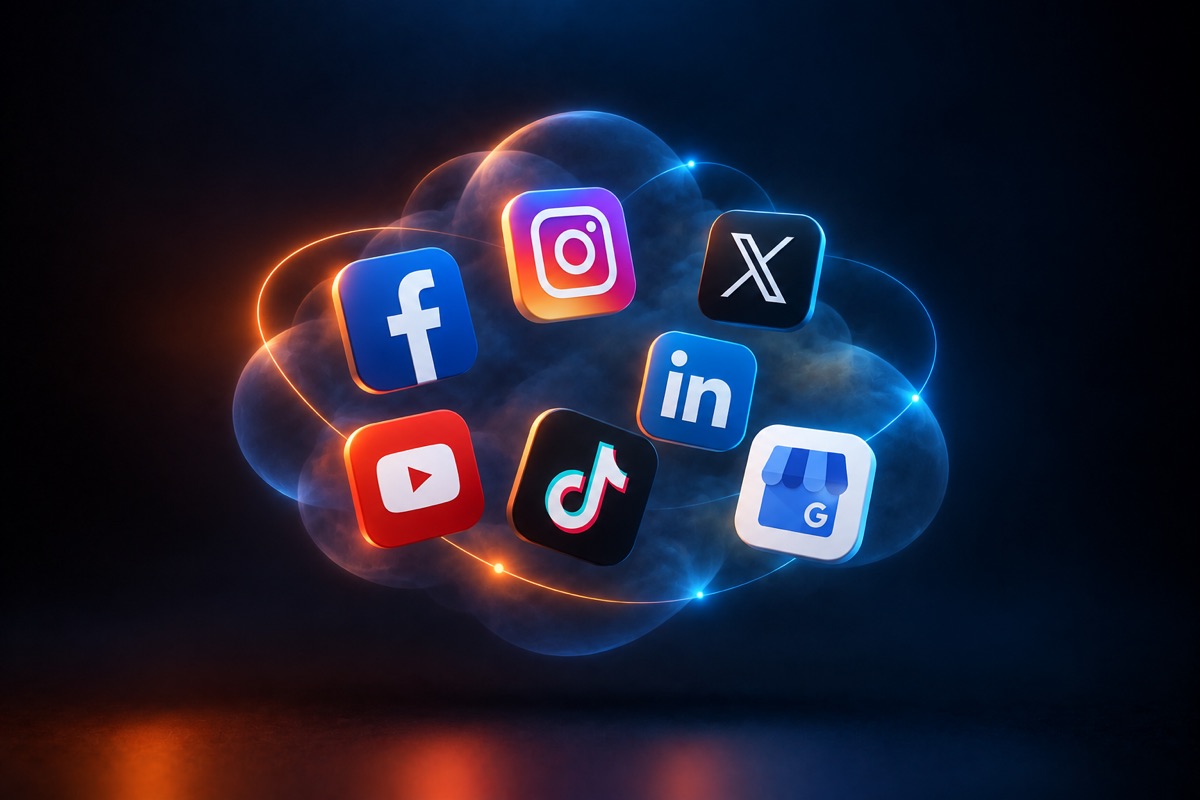 Facebook, Instagram, X, LinkedIn, YouTube, TikTok, and Google Business Profile logos floating in a cloud.